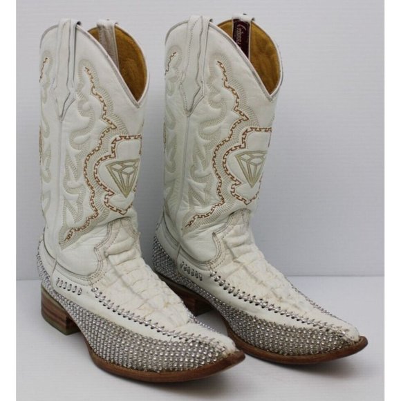 Vintage Mens White Diamond Crocodile Leather Sequin Stitched Cowboy Boots Sz 6.5 main image 10